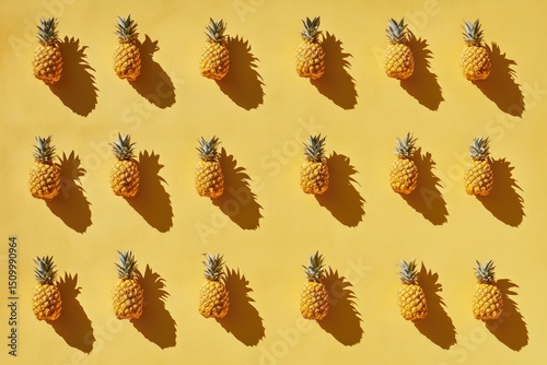 A grid of small, golden pineapples casts elongated shadows on a pale yellow background, creating a vibrant, repetitive pattern