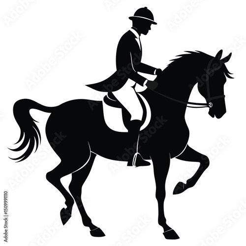 Equestrian Dressage Silhouette of Horse and Rider in Formal Attire on White