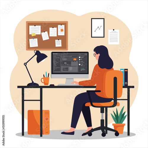 Working at home, freelancers working on laptops and computers at home. Vector flat style illustration