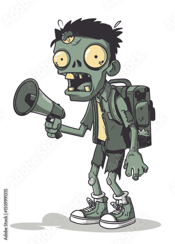 A cheerful Zombie Tour Operator with a rotting smile, holding a broken megaphone,