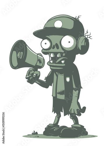 A cheerful Zombie Tour Operator with a rotting smile, holding a broken megaphone,