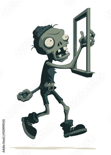 A creepy Zombie Burglar breaking into a window, undead and skeletal,