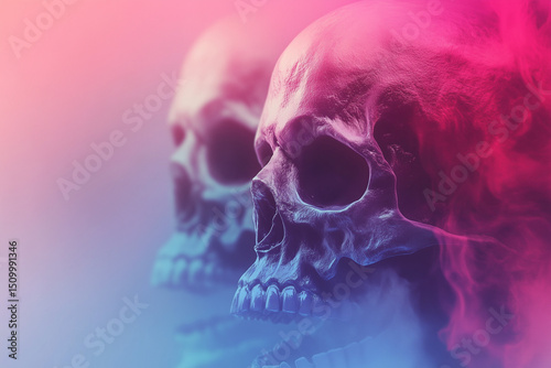 human skull with red smoke