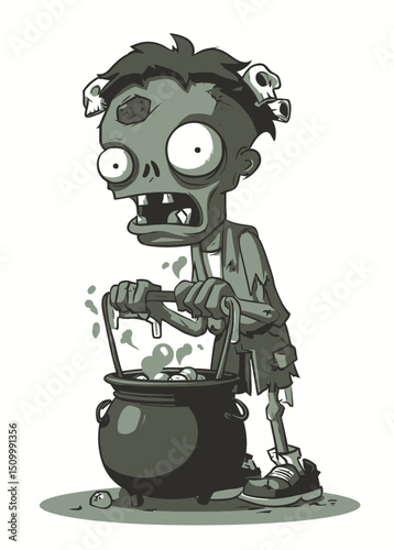 A creepy Zombie Candy Maker stirring a bubbling cauldron,