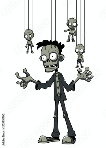 A creepy Zombie Puppeteer controlling undead marionettes,