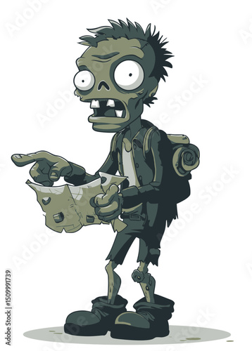 A creepy Zombie Weatherman pointing at a rotten map,