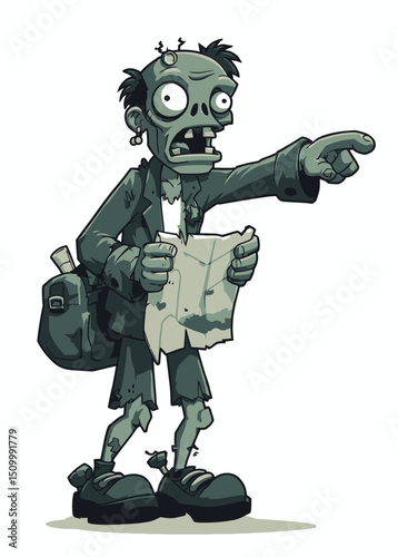 A creepy Zombie Weatherman pointing at a rotten map,