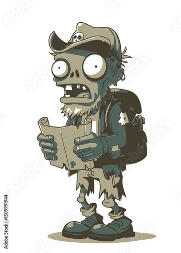 A decayed Zombie Explorer holding a tattered map, lost in the undead wilds,