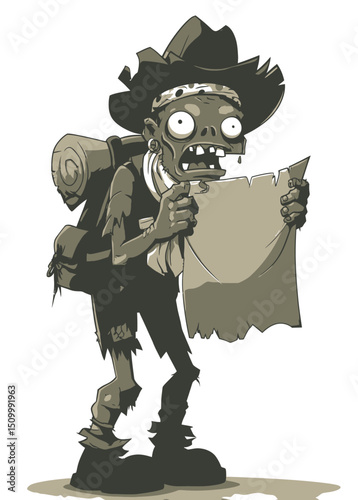 A decayed Zombie Explorer holding a tattered map, lost in the undead wilds,