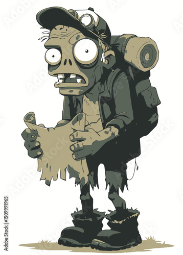 A decayed Zombie Explorer holding a tattered map, lost in the undead wilds,