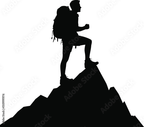 Backpacker silhouette reaching mountain peak success
