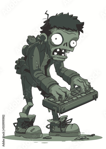 A decayed Zombie Programmer typing on a broken keyboard,