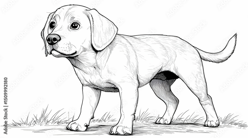 Fototapeta premium Black And White Drawing Of A Puppy Standing In Grass