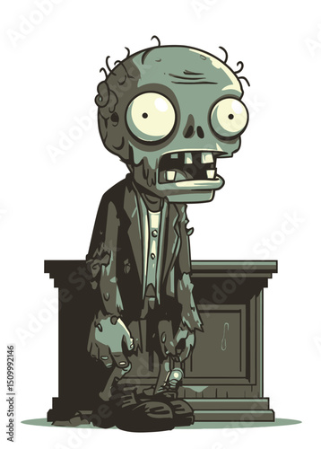 A decaying Zombie Bailiff with hollow eyes, standing guard in a ruined courtroom,