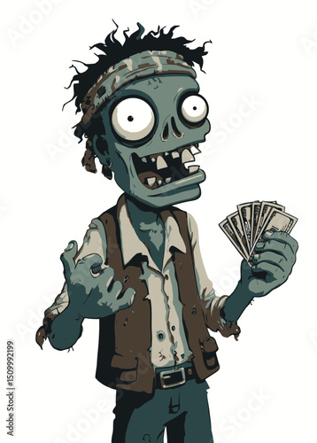 A deceptive Zombie Con Artist with a rotting grin, holding fake money,