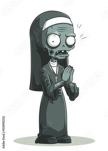 A devout Zombie Nun with hollow eyes, praying silently,
