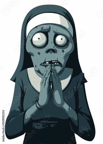 A devout Zombie Nun with hollow eyes, praying silently,