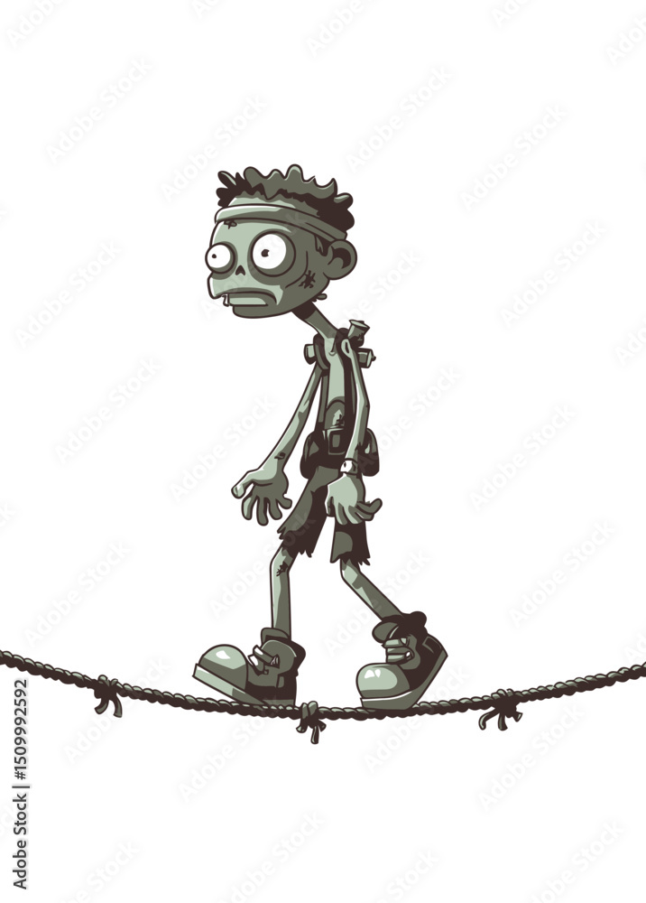 A fearless Zombie Tightrope Walker balancing on a frayed rope,