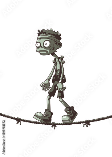 A fearless Zombie Tightrope Walker balancing on a frayed rope,