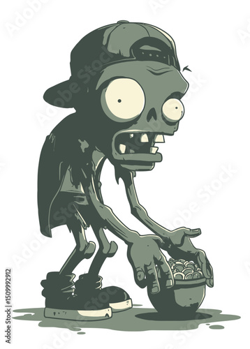 A greedy Zombie Treasure Hunter digging for gold with skeletal hands,
