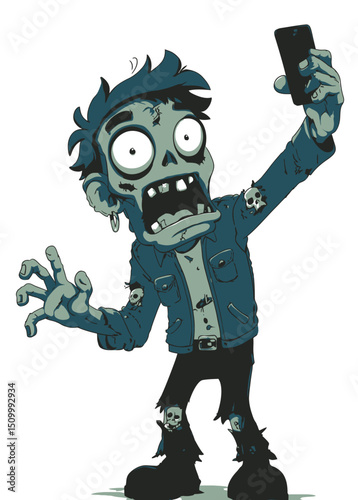 A grotesque Zombie Influencer taking a selfie with a cracked phone,