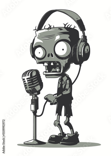 A haunting Zombie Podcaster speaking into a rusty microphone,