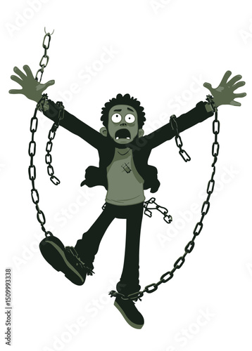 A legendary Zombie Escape Artist breaking free from rusty chains,