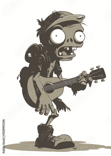 A lonely Zombie Busker singing with a decayed voice,