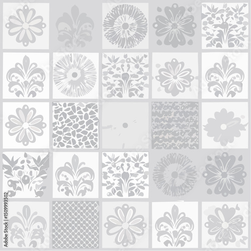 A refined vector collection of seamless floral patterns in soft gray on white. Ideal for stationery, textiles, packaging, and elegant backgrounds.