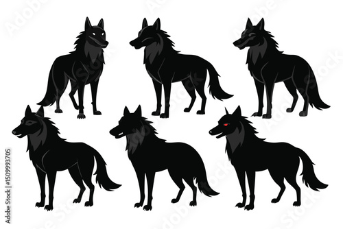 Stylized Black Wolf Pack Illustration with One Red Eyed Wolf