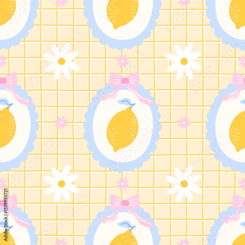 Seamless lemon pattern with kawaii citrus fruits and flowers. Bright and cheerful background for summer textiles