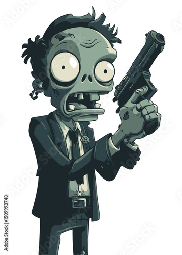 A mysterious Zombie Secret Agent with rotting skin, holding a silenced pistol,