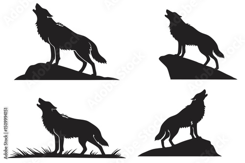 Silhouette of a Howling Wolf on a Rock Vector Illustration Set