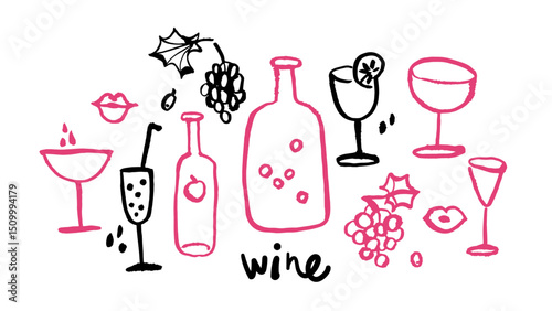 Hand drawn whimsical wine aesthetic set. Vector sketch line art doodle illustrations