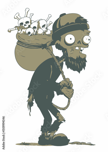 A ragged Zombie Hobo carrying a bindle of bones,