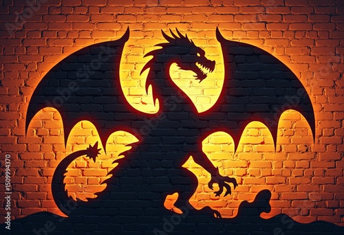 Illuminated Dragon Silhouette on Brick Wall Fantasy Art for Creative Projects