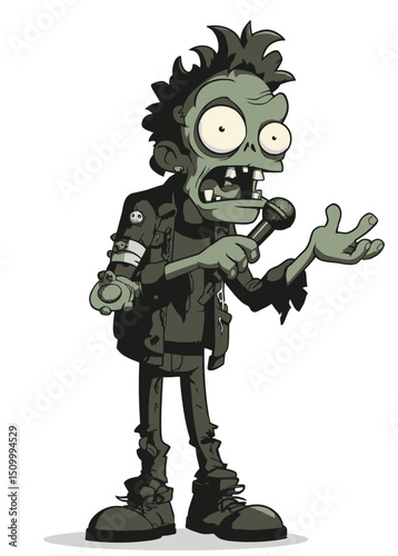 A rotting Zombie Comedian telling jokes with a broken jaw,