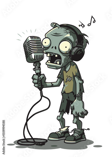 A rotting Zombie Streamer speaking into a broken microphone,