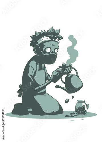 A serene Zombie Tea Master brewing poisonous leaves,