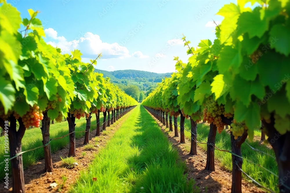 Naklejka premium Sun-drenched rows of grapevines stretch across a picturesque vineyard, ready for harvest Lush green leaves and ripening fruit under a clear blue sky , scenic view, autumn