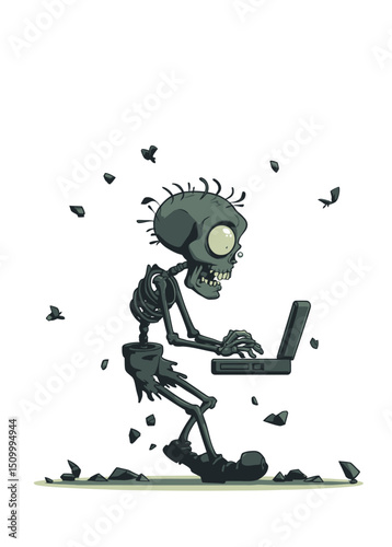 A skeletal Zombie Blogger typing on a shattered laptop,