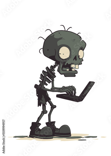 A skeletal Zombie Blogger typing on a shattered laptop,