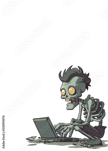 A skeletal Zombie Blogger typing on a shattered laptop,
