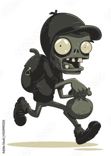 A sneaky Zombie Thief with glowing eyes, clutching stolen loot,
