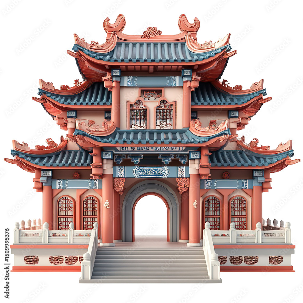 Fototapeta premium 3D front view illustration of the Chinatown Heritage Centre Singapore monument isolated on a white background. --stylize 300 --v 6.1.png
