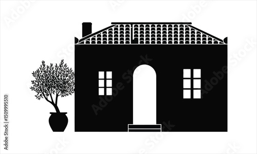 Simple black silhouette house with olive tree