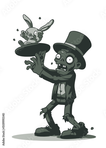 A terrifying Zombie Magician pulling a rotting rabbit from a hat,