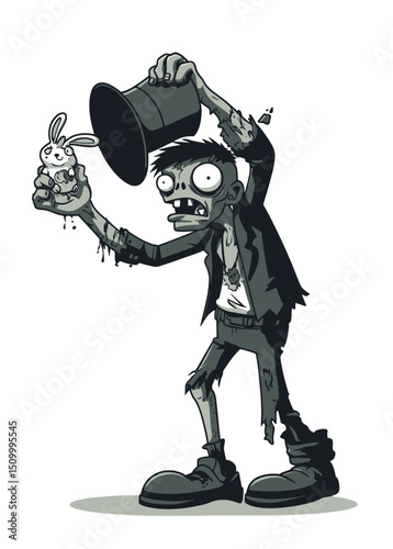 A terrifying Zombie Magician pulling a rotting rabbit from a hat,