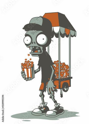 A terrifying Zombie Popcorn Vendor with maggot-filled kernels,