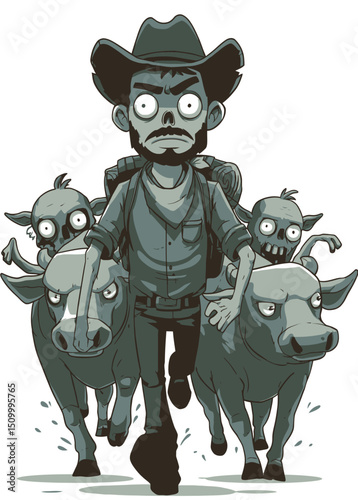 A tough Zombie Rancher herding undead cattle,